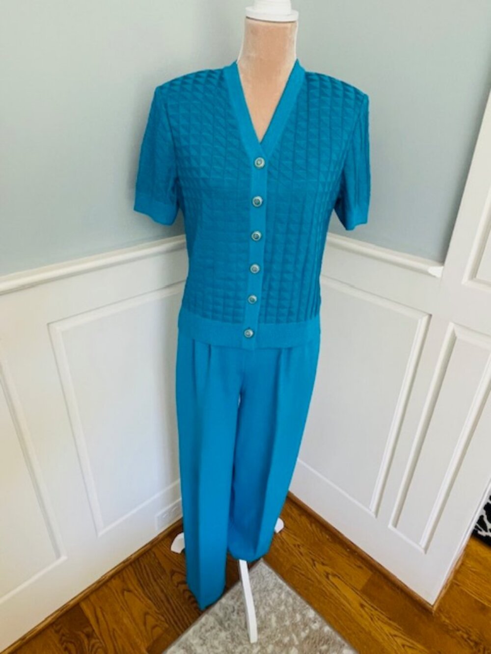 St. John Collection Santana Knit Pantsuit Teal 2 Piece Luxe Knit Wide Leg Small - Picture 2 of 12